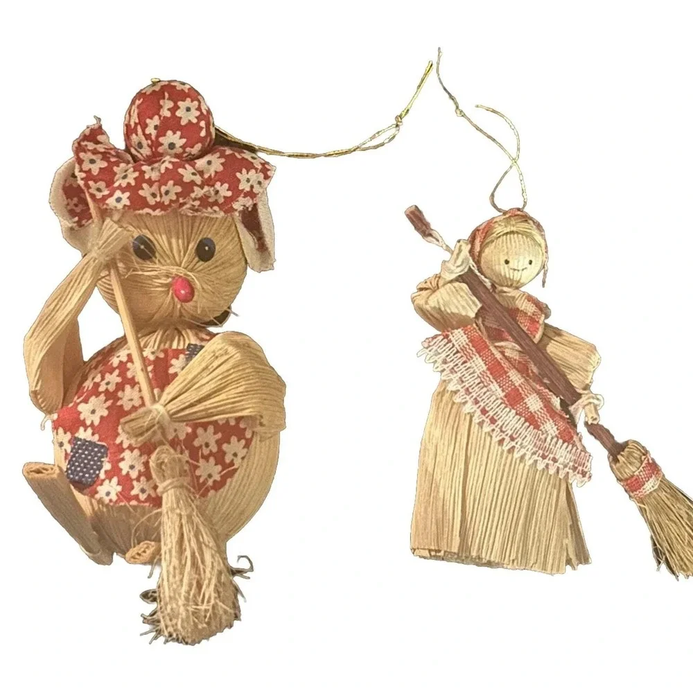 Corn Husk Ornaments Sweeping Woman Corn Husk Doll & Sweeping Mouse Lot Of 2